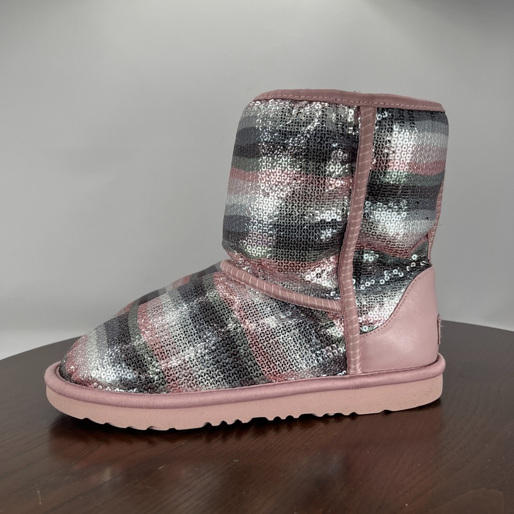 UGG Classic Short II Boots Youth Girl 5 Multi Sequin Rainbow Lined 1103622K